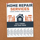 Home Repair Services Tear Off Strips Flyer<br><div class="desc">A professional home repair service flyer design with tear off strips in navy blue and orange colours with an illustration including hammer, screwdriver, paint roller, handsaw, wrench arranged around a house silhouette icon. Fully customisable, it can be perfect for all kinds of repair activities such as handyman, home repair services,...</div>
