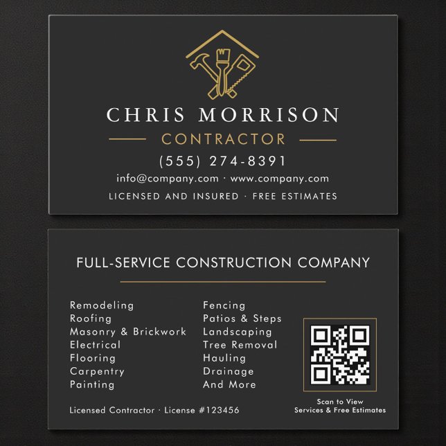 Home Repairs Contractor Black Gold QR Code Business Card (Creator Uploaded)