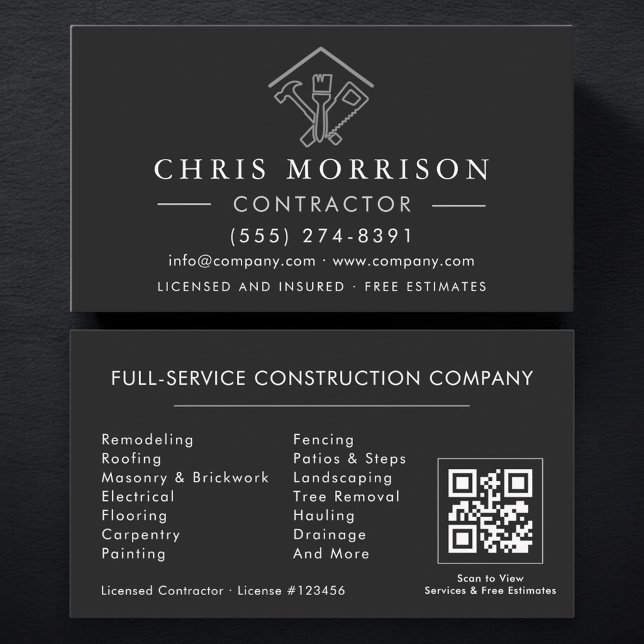 Home Repairs Contractor Black Silver QR Code Business Card (Creator Uploaded)