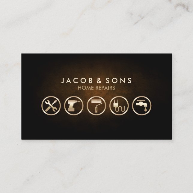 Home Repairs Gold Icons Brown Grunge Texture Business Card (Front)