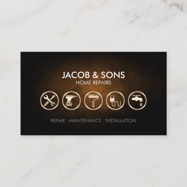 Home Repairs Gold Icons Copper Grunge Business Card (Front)