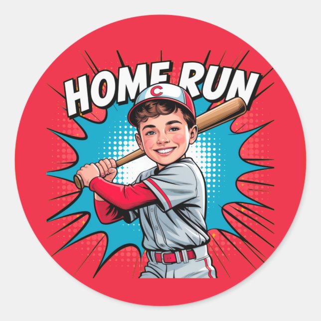 Home Run Boy Baseball Birthday Bash Classic Round Sticker (Front)
