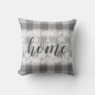 Home script gingham black white farmhouse pattern cushion