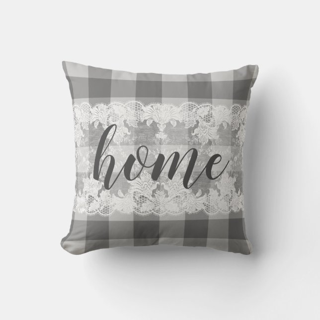 Home script gingham black white farmhouse pattern cushion (Front)