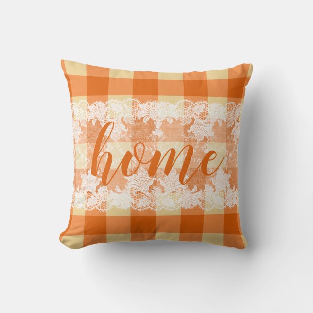 Home script gingham orange farmhouse pattern cushion (Front)