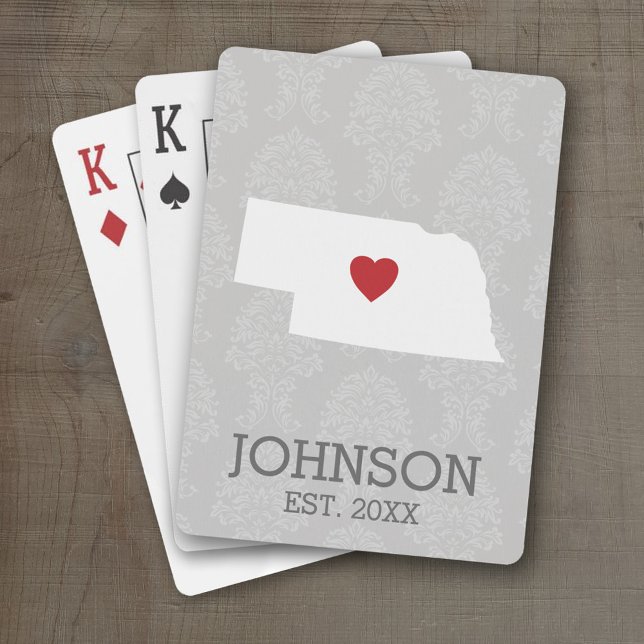 Home State Map Art - Custom Name Nebraska Playing Cards (Personalized Playing Cards with a State Map, Movable Heart and Name)