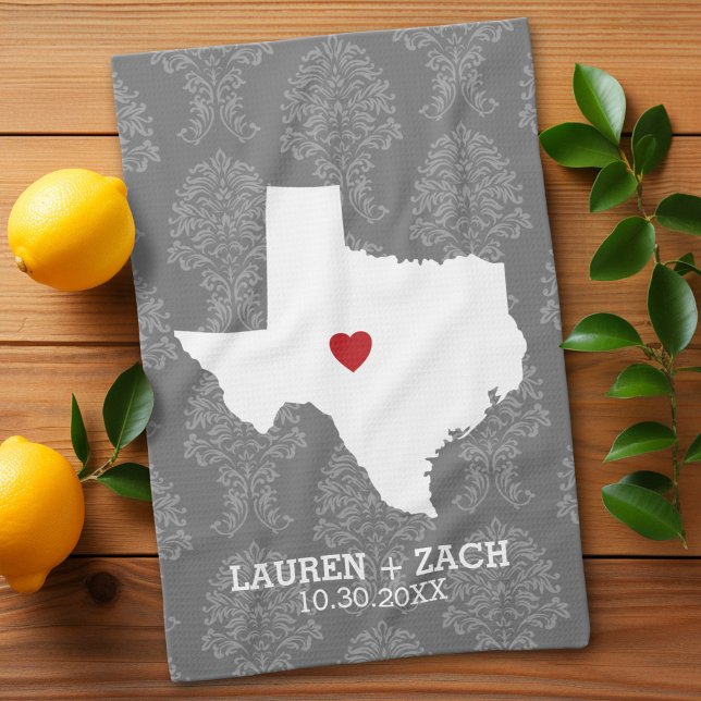 Home State Map Art - Custom Wedding Texas Tea Towel (Custom Kitchen Towel)