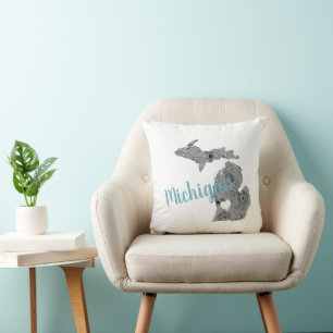 Home State Michigan Floral Filled Silhouette Cushion
