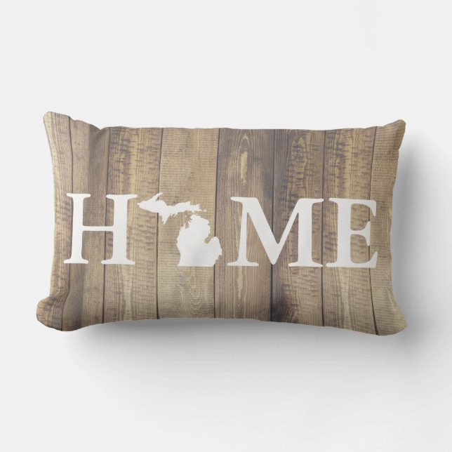 Home State Michigan Rustic Wood Family Name Lumbar Cushion (Front)
