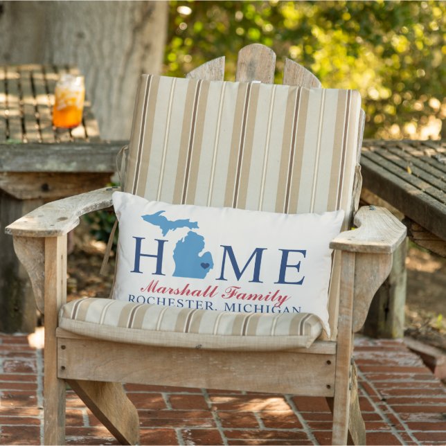 Home State of Michigan Red Blue Family Monogram Outdoor Cushion (Chair)