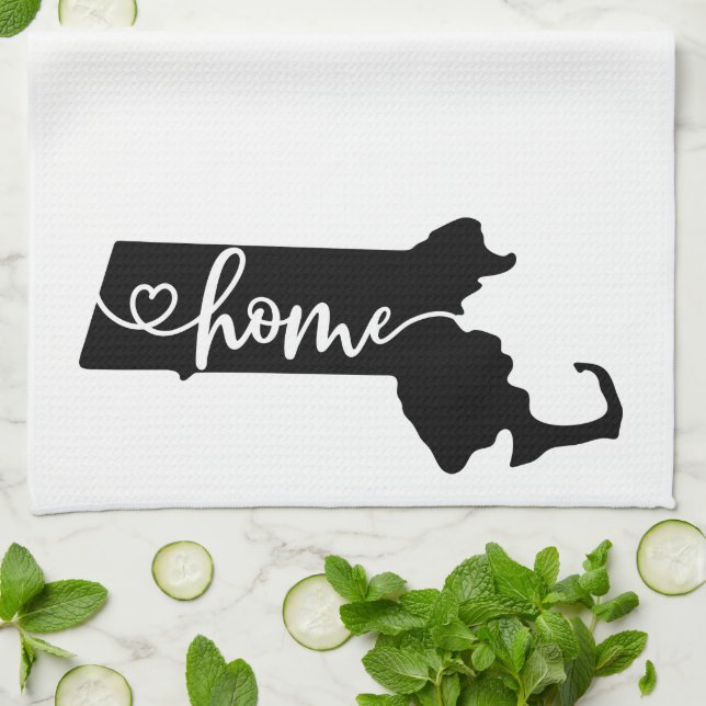 Home State Outline Heart Massachusetts Tea Towel (Folded)