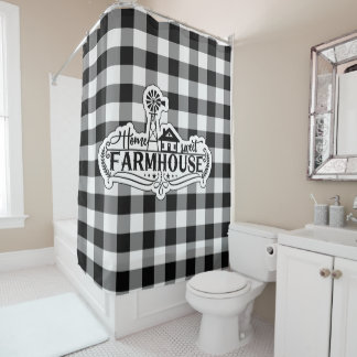 Home Sweet Farmhouse Black and White Buffalo Plaid Shower Curtain