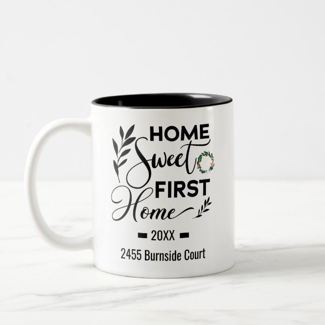 Home Sweet First Home Personalised Address Two-Tone Coffee Mug (Left)