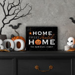 Home Sweet Haunted Home Personalised Halloween Wooden Box Sign<br><div class="desc">Welcome your guests with this spooky fun personalised Halloween tabletop decor sign. The stylish typography design features "Home Sweet Haunted Home" wording with custom text for your family name and accents of a scary jack-o-lantern pumpkin, creepy dangling spider, and spider web background. Includes a black, grey, white, and orange colour...</div>