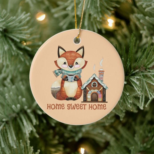 Home sweet home Adorable fox with cup of coffee  Ceramic Ornament (Creator Uploaded)