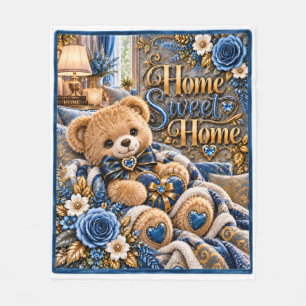 Home Sweet Home Blue Teddy Bear Fleece Blanket for