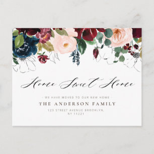 HOME SWEET HOME burgundy navy floral moving Postcard