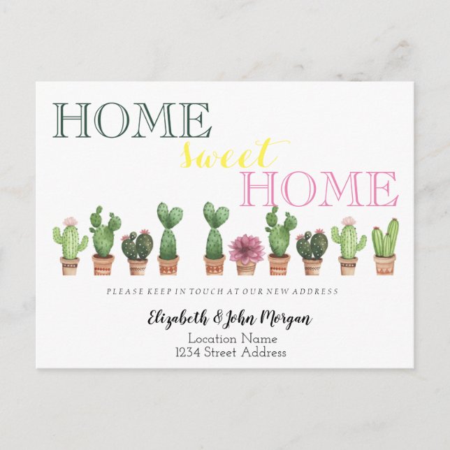 Home Sweet Home,Cactus Floral New Address Announcement Postcard (Front)