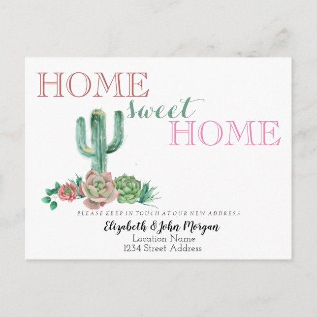 Home Sweet Home,Cactus Succulent  New Address  Announcement Postcard (Front)