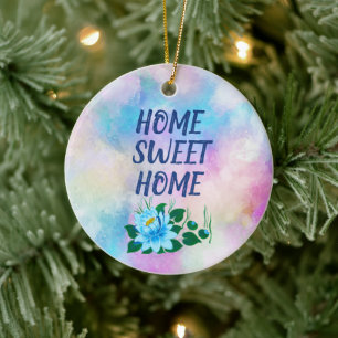 Home Sweet Home Colourful Watercolor Floral Text Ceramic Ornament