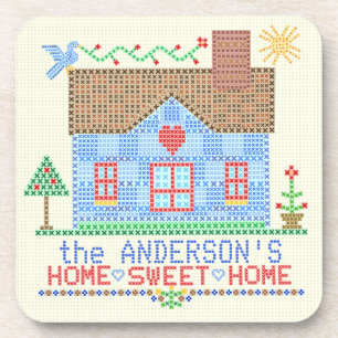 Home Sweet Home Cross Stitch House Personalised Coaster