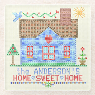 Home Sweet Home Cross Stitch House Personalised Glass Coaster