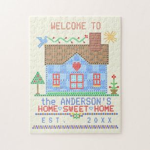 Home Sweet Home Cross Stitch House Personalised Jigsaw Puzzle