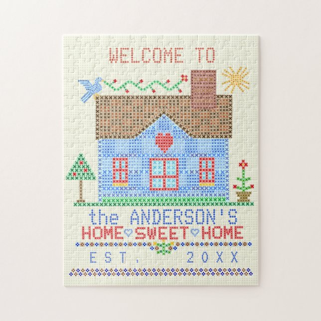 Home Sweet Home Cross Stitch House Personalised Jigsaw Puzzle (Vertical)