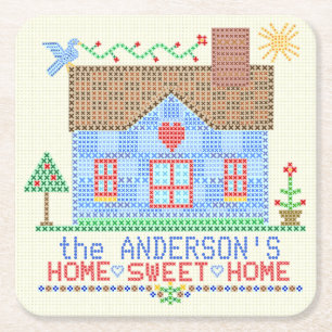Home Sweet Home Cross Stitch House Personalised Square Paper Coaster