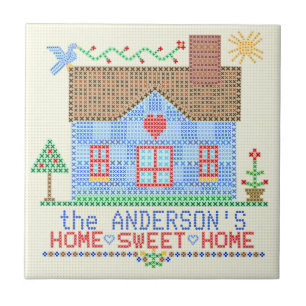 Home Sweet Home Cross Stitch House Personalised Tile