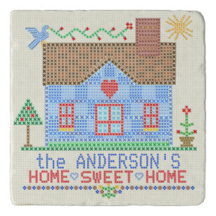 Home Sweet Home Cross Stitch House Personalised Trivet