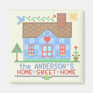 Home Sweet Home Cross Stitch House Personalised v2 Magnet