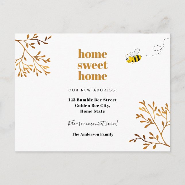 Home sweet home cute bumble bee moving announcement postcard (Front)