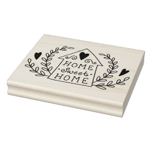 Home sweet home doodle house with heart and leaves rubber stamp