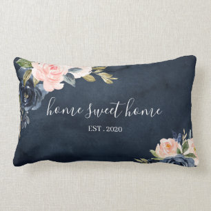 Home Sweet Home Floral Watercolor Navy Pillow