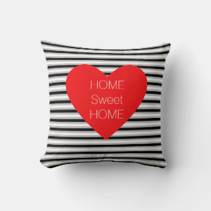 Home Sweet Home Heart on Black White Striped Cushion