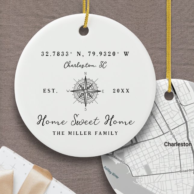 Home Sweet Home Latitude Longitude Personalised Ceramic Ornament (Home Sweet Home Ornament Latitude and Longitude Coordinates Personalized Address Custom Location)
