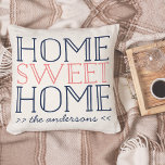 Home Sweet Home Personalized Modern Typography Cushion<br><div class="desc">Modern typography design features "Home Sweet Home" in vibrant coral and classic navy blue lettering,  on a warm off-white background. Personalize with your names or family name beneath in handwritten style script lettering. Makes a great gift for new homeowners or newlyweds!</div>
