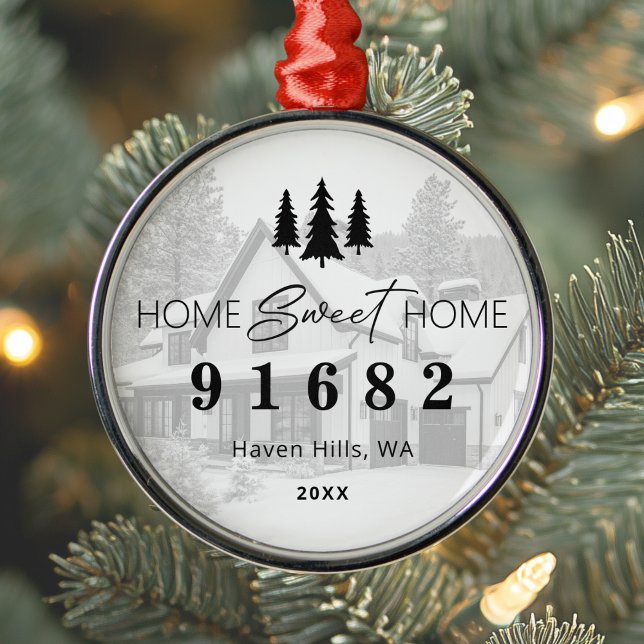 Home Sweet Home Photo Zip Code Metal Ornament (Shown on a Premium Round Metal Ornament)