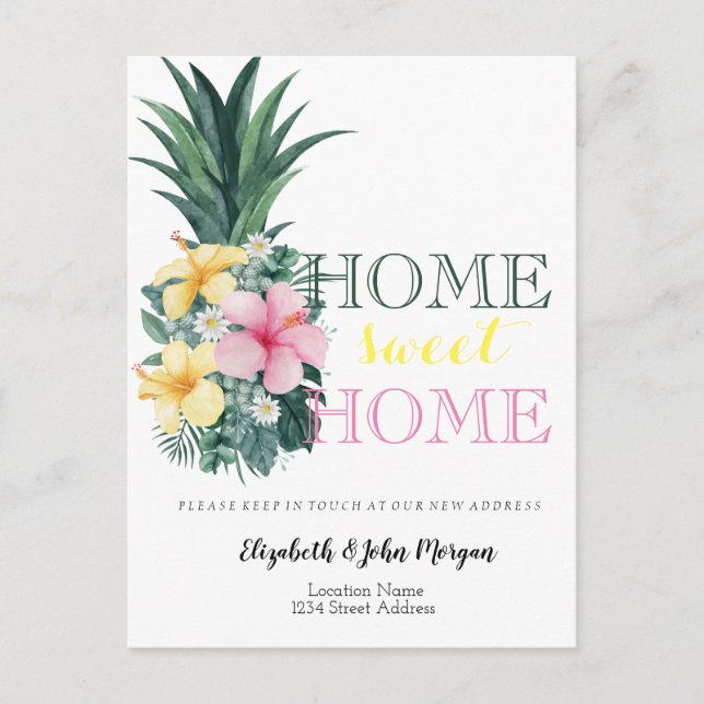Home Sweet Home, Pineapple Floral New Address Announcement Postcard (Front)