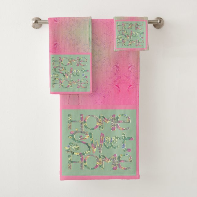 "Home Sweet Home" Pink and Green Bath Towel Set (Insitu)