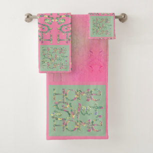 "Home Sweet Home" Pink and Green Bath Towel Set