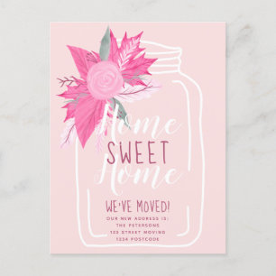 home sweet home pink floral mason jar moving announcement postcard
