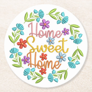Home Sweet Home Quote Beautiful Colour Flowers Round Paper Coaster