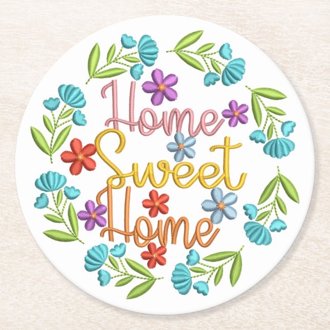 Home Sweet Home Quote Beautiful Colour Flowers Round Paper Coaster (Front)