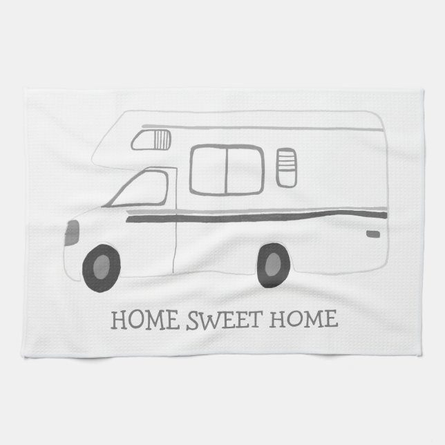 HOME SWEET HOME Retro Camper Motorhome RV B&W Tea Towel (Horizontal)