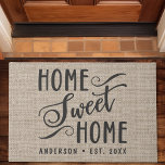 Home Sweet Home Rustic Burlap Country Family Doormat<br><div class="desc">This design features the words "home sweet home" written in a hand lettered script font. Personalise this cute rustic faux burlap country design with your family name and year established. The perfect unique modern housewarming or new homeowners gift.</div>
