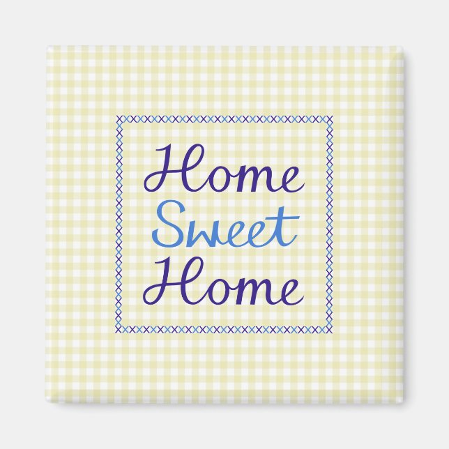 Home Sweet Home Script in Blues on Yellow Gingham Magnet (Front)