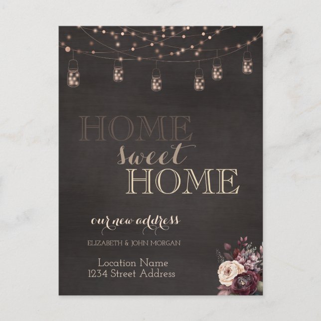Home Sweet Home,String Lights,Mason Jar,Roses Announcement Postcard (Front)