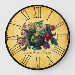 Home Sweet Home Vintage Roses on Rustic Style Large Clock